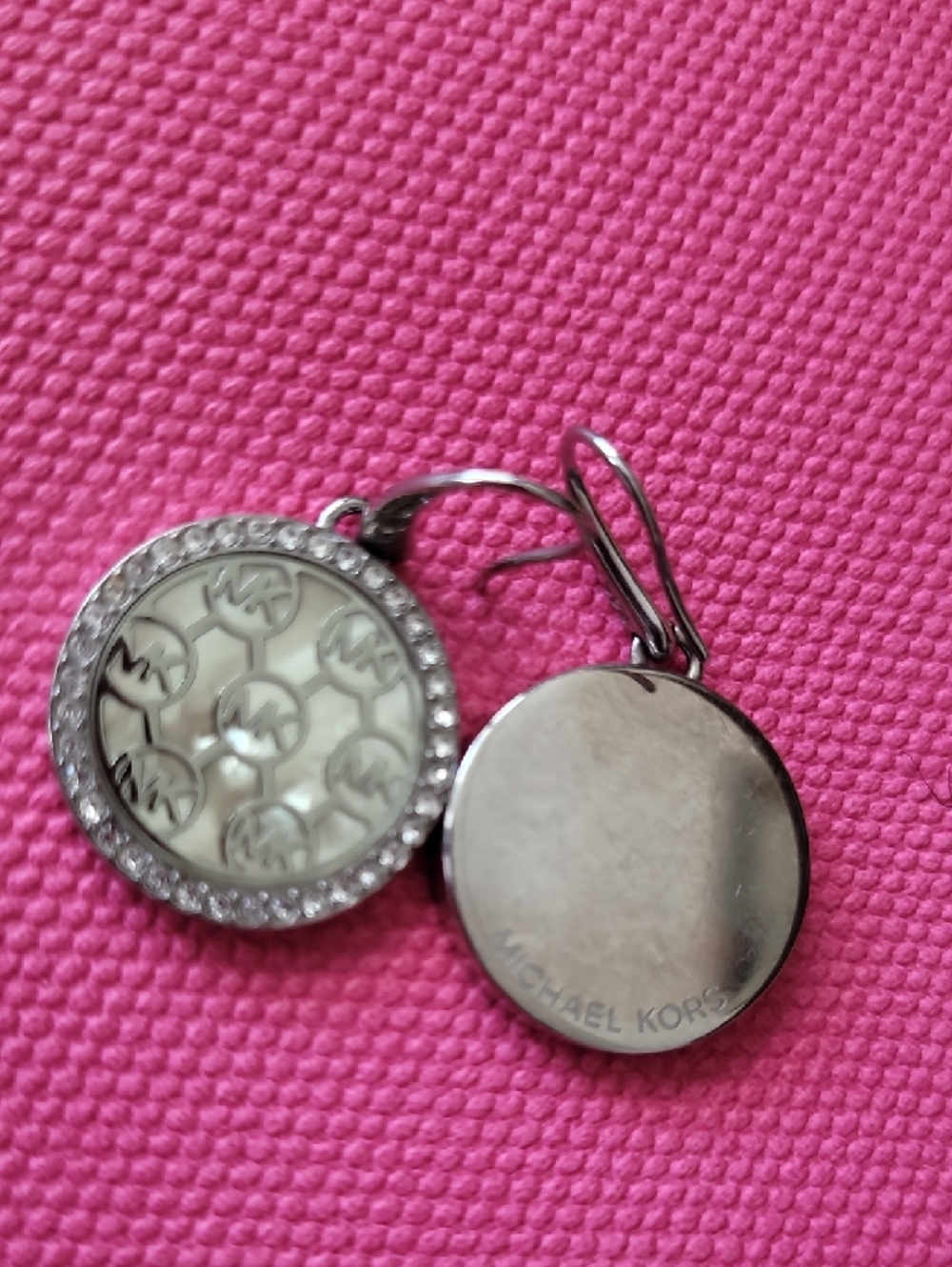 Michael Kors Silver-Tone Crystal Rim Mother-of-Pearl Logo Drop Earrings - Picture 5 of 9